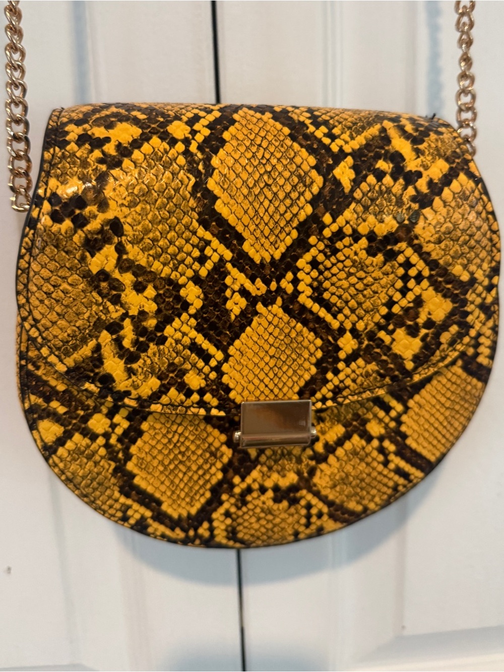 Mango Yellow Snake-Print Crossbody with Gold Chain